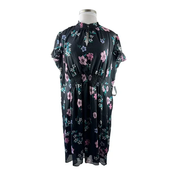 NWT Lane Bryant Floral Dress Black Smocked Keyhole Chiffon Plus Size 24 P - Picture 3 of 13